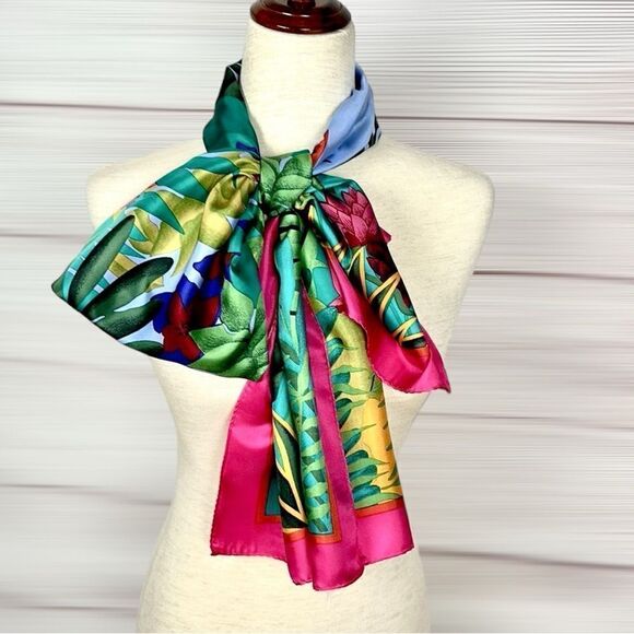 Perry Ellis Oblong Silk Scarf Bright Green Pink Tropical Floral 17x64” Japan Vtg - Picture 6 of 12